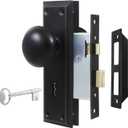 Mortise Lock Set for Interior Door, Vintage Old Door Knobs with Lock and Skeleton Key, Antique Door Knobs Matte Black Finish