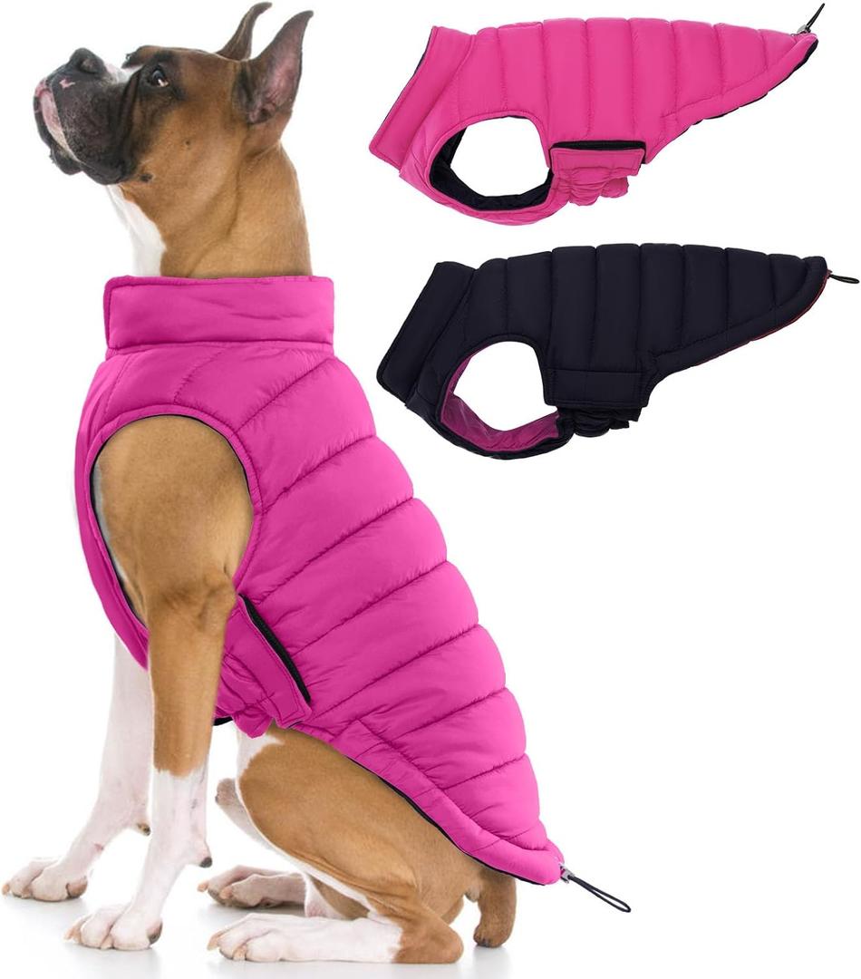 Lelepet Reversible Dog Coat Waterproof Dog Jacket Windproof Puffer Vest for Winter Warm Lightweight Coats for Large Dogs Adjustbale Hook & Loop Pet Apparel with Leash Hole, Boxer, Weimaraner, 2XL (Rose Red)