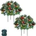HMASYO 2 Pack Pre-Lit Artificial Christmas Tree Urn Filler, Lighted Christmas Flocked Pine Trees Planter Filler with 50 LED Lights, Weatherproof Sparkle for Entryways, Patios Outdoor Christmas Decor
