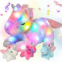 Hopearl LED Musical Stuffed Unicorn Playset Lighting Up Singing Plush Toy Mommy Unicorn with 3 Baby Unicorns in her Tummy Lullaby Animated Soothe for Mom Toddlers Girls, Rainbow, 19''