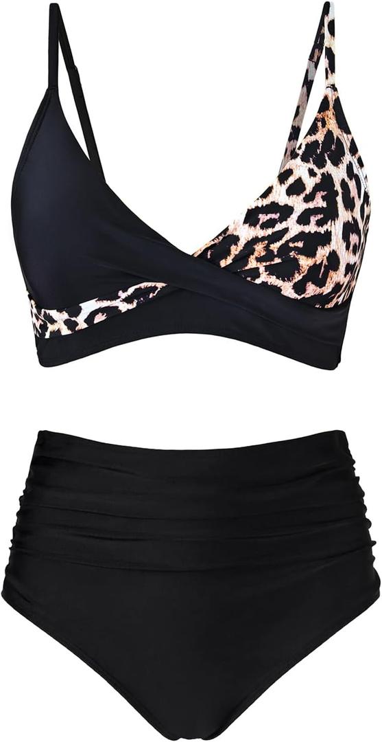 Women's High Waisted Bikini Sets Push Up Twist Front Spaghetti Straps Ruched Two Piece Swimsuit Bathing Suit (Medium, Leopard Black)