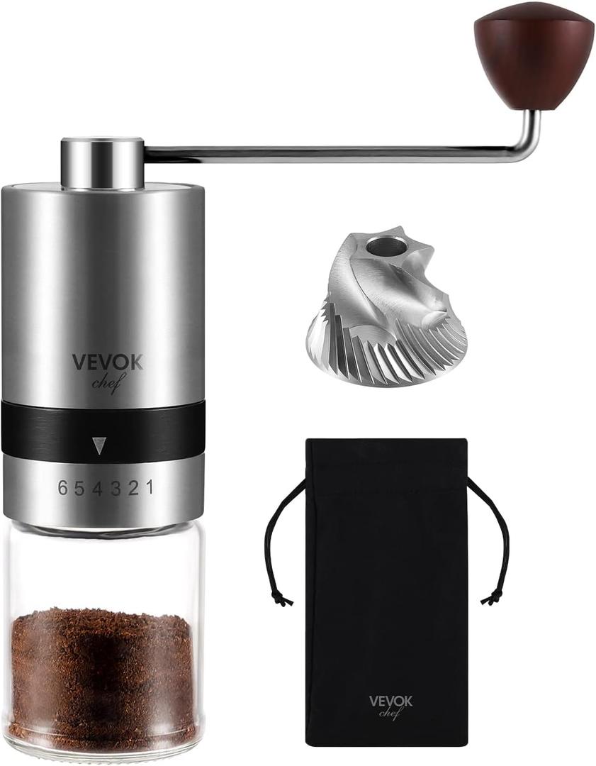 VEVOK CHEF Manual Coffee Grinder Stainless Steel Burr Grinder 6 External Adjustable Setting Vintage Hand Coffee Grinder Portable Hand Crank Conical Coffee Bean Grinder Mill for Home, Camping (Silver)