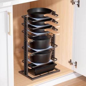 LAMU Pots and Pans Organizer for under Cabinet, 6-Tier Heavy Duty Pan Pot Organizers inside Cabinet Adjustable 14 to 24.57", Pot Rack Kitchen Cabinet Organization and Storage Holds up to 12" Cookware (Negro)