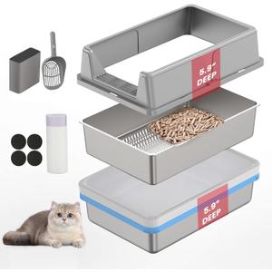23.6" x 15.7" x 11.8" TIUUBT Stainless Steel Sifting Litter Box for Pine Pellets, Large Sifting Cat Litter Box with Sifter, High Side for Big Cats, Anti-Leakage, Odor Control, Includes Scooper