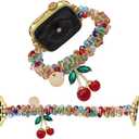 Stretchy Crystal Beads Band Compatible with Apple Watch Bands 38 40 41 42 44 45 46 49mm Women,Elastic Beaded Wristband with Cherry Charms Pendants for iWatch Series 10 9 8 7 6 5 4 3-1 Ultra SE (Colorful Red)