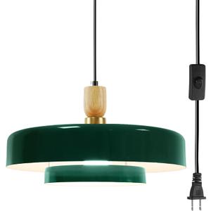 Green Plug-in Pendant Light, Mid Century Modern Hanging Lamp with Wood Accent, Adjustable Cord & On/Off Switch, E26 Base for Kitchen Island Dining Room Retro Farmhouse