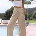Himosyber Women Cotton Linen Pants Wide Leg High Waist Flowy Summer Beach Drawstring Pant Trouser (Beige, S)