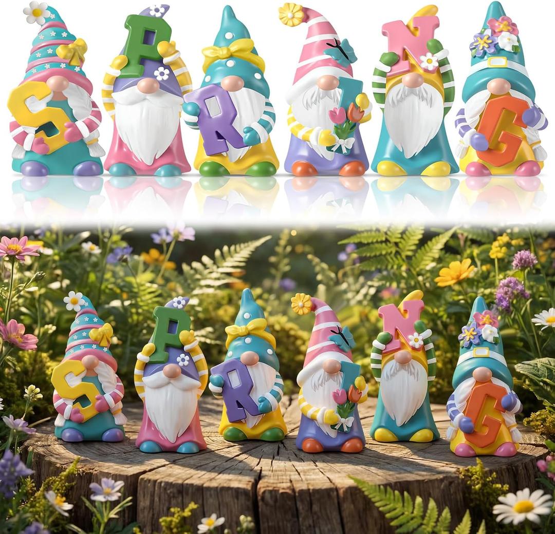 6 Pcs Spring Figurines Resin Gnome Tabletop Purple Pink Yellow Floral Sculpture Decoration Flower Table Centerpiece for Dining Room Home Party Supplies Gifts Decor