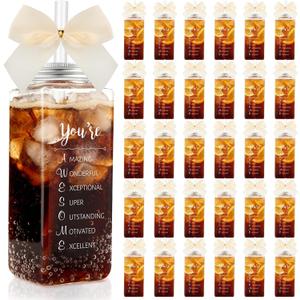 Skylety 36 Pcs Thank You Gifts for Coworker Teacher Appreciation Gift Employee Appreciation Gifts Cups Bulk Mother's Day 13.5 oz Clear Skinny Tumblers with Straws Lids Bow(You're Awesome,Beige)