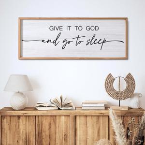 Give It to God and Go to Sleep Decorative Rustic Sign & Plaque Framed Wall Art for Couples, 40''15'' Vintage Cottagecore Wooden Horizontal Wall Decor Above Bed, Farmhouse Wedding Gift for Bedroom