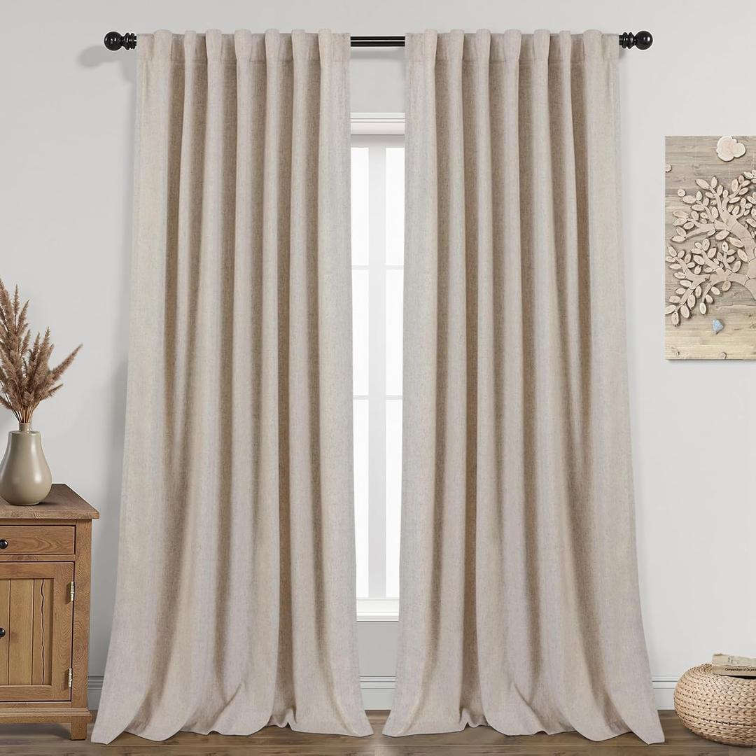 Awellife Linen Blend Blackout Curtains for Living Room Blackout Rod Pocket Back Tab Drapes 63 Inch Length 2 Panels Set for Living Room Beige