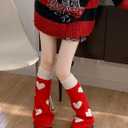 Red Hearts Leg Warmers, Holiday Gift Knee High Socks, Cable Knit Winter Leg Sleeves for Women