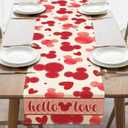 Valentines Table Runner, Hello Love Red Hearts Kitchen Dining Table Decoration, Anniversary Wedding Burlap Indoor Outdoor Home Decor Party Supply 13 x 90 Inches