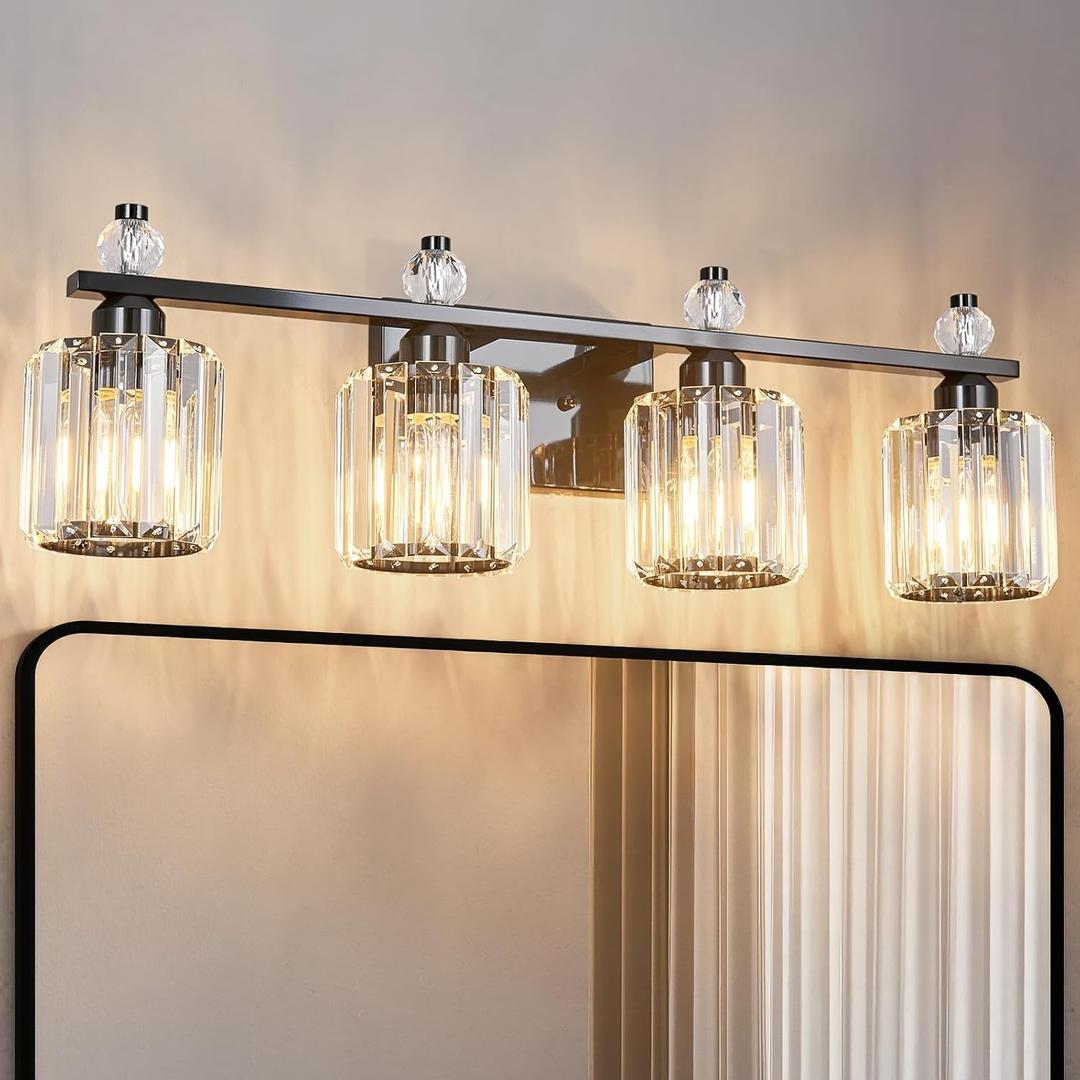 Bathroom Vanity Lights 4-Light Plating Black Modern Crystal Vanity Light Fixtures Over Mirror Crystal Bathroom Vanity Lighting Fixtures