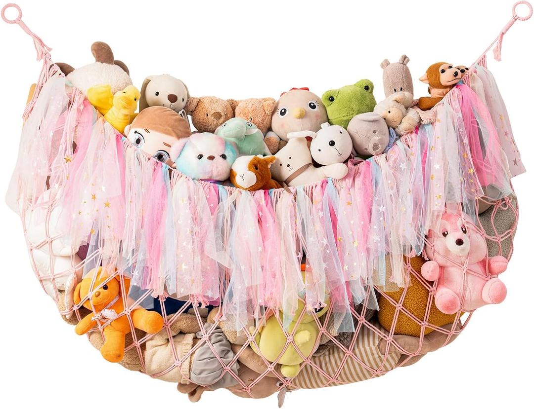 Large Stuffed Animal Hammock, 59'' L Wall Hanging Net for Stuffed Animal Storage, Boho Macrame Toy Net Hammock for Kids Girls Bedroom Playroom Nursery Decor Plushie Teddy Bear Storage - Pink