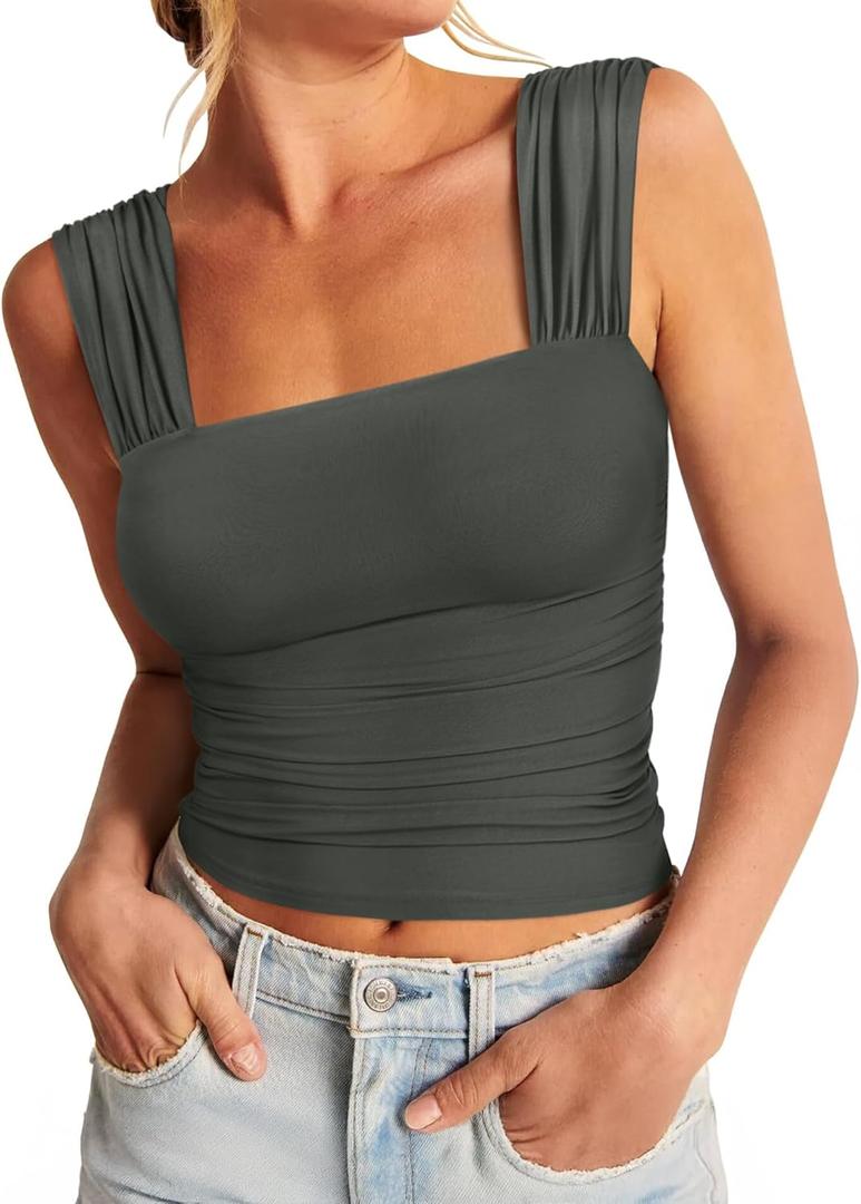 REORIA Womens Sexy Square Neck Double Lined Mesh Sheer Ruched Crop Going Out Tops Y2k Trendy Cute Tank Top Summer Outfits (Medium, Grey Green)