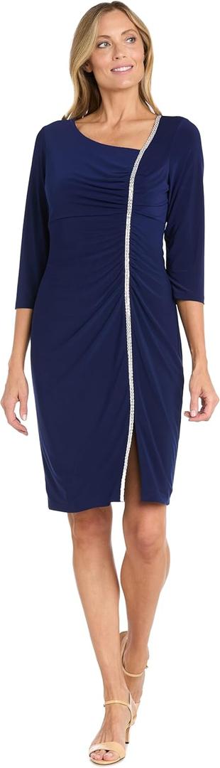 R&M Richards Women's Elegant Solid Knit Dress W/ & Rhinestone Trim & Slit, Formal Fitted Silhouette Evening Cocktail Attire (Size 12)