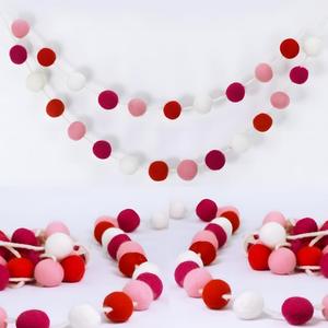 Pom Pom Garland Felt Ball Valentine Garland, 100% Wool,6.5 Feet Long,24 Pom-Pomsfor Wall Christmas Tree,Parties, Valentine's Day Tree,Weddings Decor