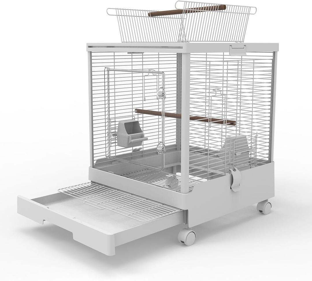 Clear View Bird Cage with Play Top, Modern Rolling Flight Cage for Parakeets, Cockatiels, Conures, Lovebirds, White Parrot Cage with 0.4" Bar Spacing, Slide-Out Tray & Accessories (18.1"L x 18.1"W x 23.3"H)