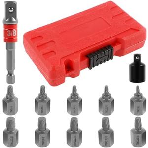 12Pcs Hex Bolt Extractor Steel Easy Out Damaged Screw Remover Tool Kit with 3/8inch Hex Adapter Bolts Extractor Kit for Broken Rounded Bolts with Sturdy Case