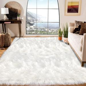 White Faux Fur Rug 6x8 Faux Fur Sheepskin Rug for Living Room, Fluffy Washable Fuzzy Rugs Carpet for Bedroom, Luxury Room Decor, Rectangle