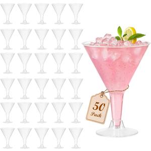 Plastic Martini Glasses Disposable 50 Pack, 6.32 oz Cocktail Cups Bulk for Parties, Poolside, Wedding, Drinking, Desserts, Appetizers, A Tini Bit Older Birthday, Outdoor - Clear with Detachable Stem
