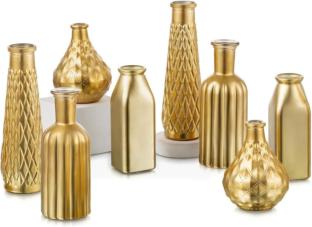 Glasseam Gold Glass Vase, 8pcs Cylindrical Home Decor, Antique Art Deco Style, Holds Water, Gold Electroplating Finish, Living Room Kitchen Bathroom Bedroom Decor, Table Centerpieces