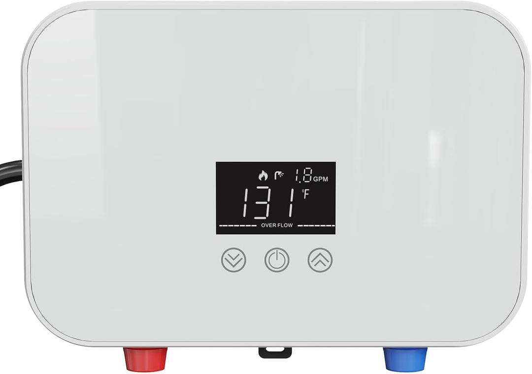Tankless Water Heater Electric, 6000W 110V Instant Hot Water Heater with Digital Display Self-modulating, Overheating Protection for Demand (White)