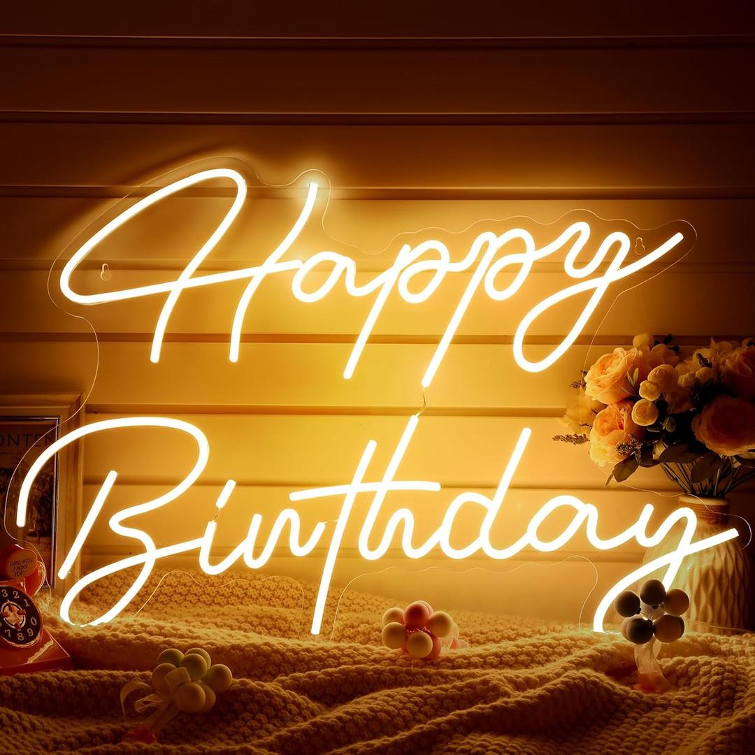 Tujoe 30" x 21" Happy Birthday Neon Sign Large Happy Birthday LED Neon Light Signs with Dimmable Switch 12V Power Adapter for Party Wall Decoration Bar Rave Home Decor Backdrop(Warm White,30" x 21")