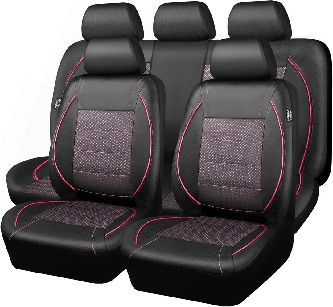 CAR PASS Piping PU Leather Car Seat Cover Full Set,Inside Zipper Design and Reserved Opening Holes Airbag Compatible,Universal FIT for Car, SUVs,Van,Trucks Full Set, Black & Pink