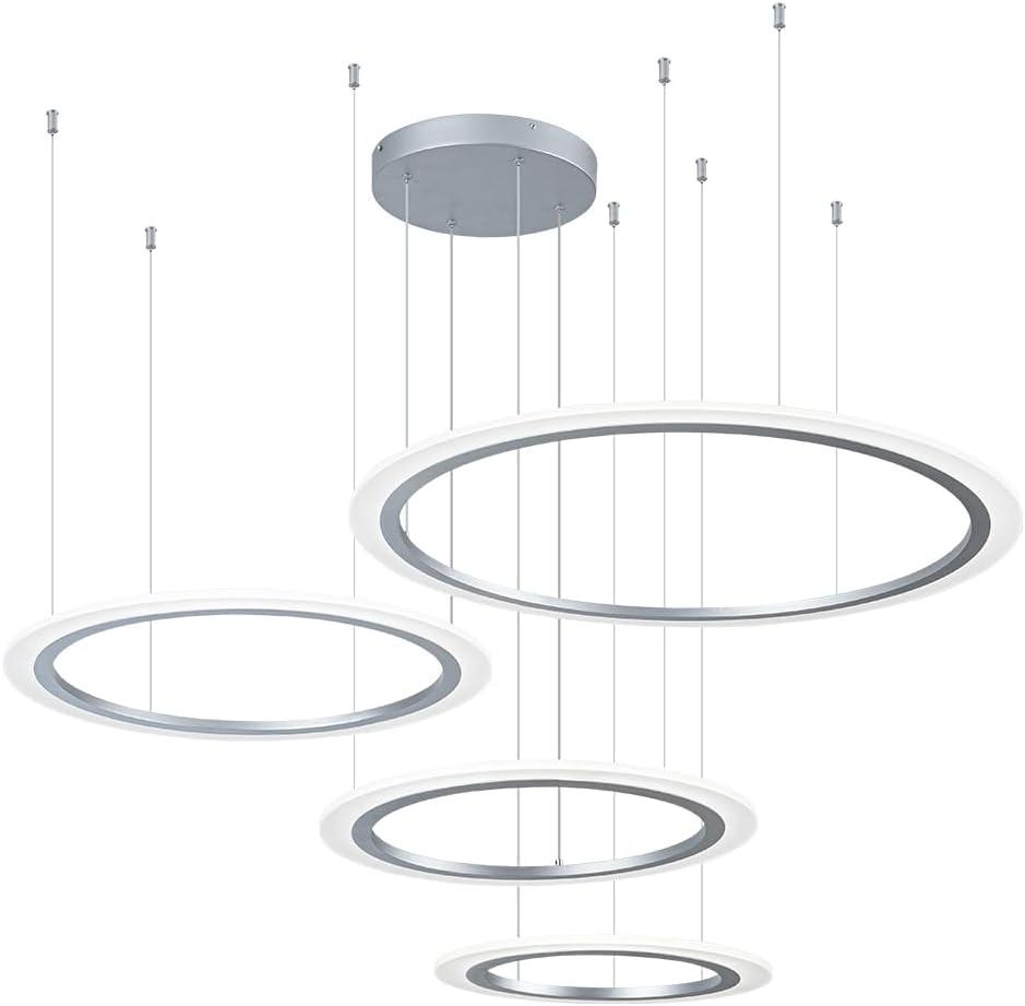 4 Rings Silver Modern Round Pendant Light Modern Chandeliers Dimmable LED Ceiling Lighting for Hallway Living Room Kitchen Entryway Bedroom, 110W, 3000K-6000K, 9350lm