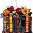 Book Lovers Gifts for Women, Valentines Day Gifts for Teacher, Librarian, Reader, Bookworm, Book Ornament Faux Stained Glass Window Hanging, Bookish Gifts Stocking Stuffer Decor (Floral Shelf)