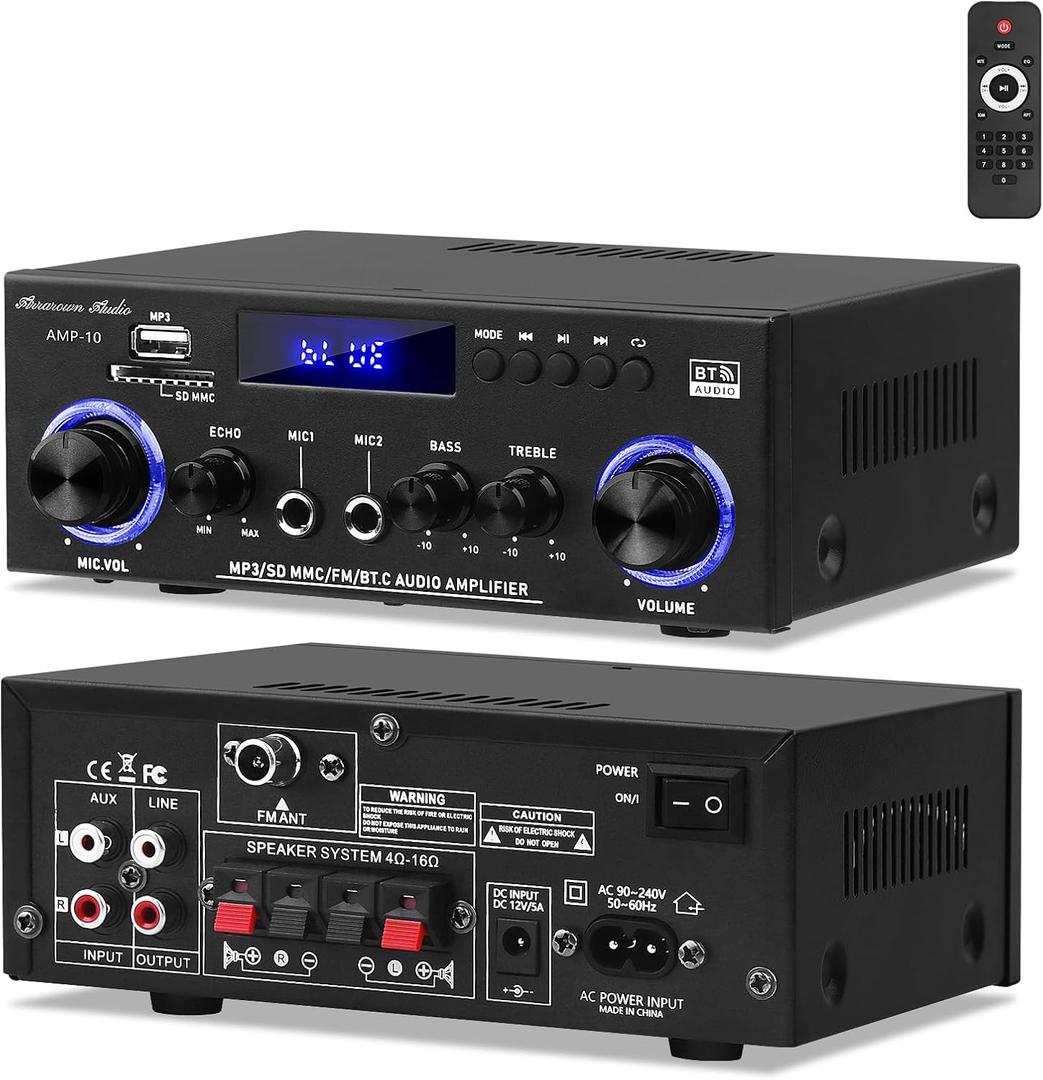 Amp10 Amplifier Home Audio,400W Power Amplifier 2 Channel Stereo Receiver with Bluetooth 5.0,Active Subwoofer Output, FM Radio, USB/SD/AUX, MIC, Remote Control for Home Theater