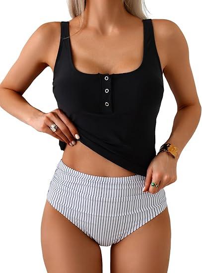 B2prity Women's Athletic Tankini Swimsuits Two Piece Adjustable Button-Up Bathing Suit Full Coverage High Waisted Swimwear, XL, Black, Stripe
