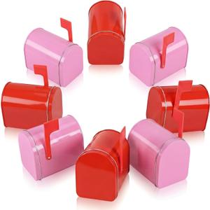 Frienda 8 Pcs Valentines Mini Mailbox, 5 x 3 Inch Mini Tinplate Tins Containers with Lids for Cards Cookie Candy Storage Playhouse Decorations, Small Boxes for Party Gifts (Red,Pink)
