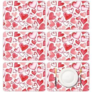 KOPOOEOE 6 Set Valentine's Day Placemats, 11x16 Inch Watercolor Heart Plastic Placemats Red Pink Spring Holiday Table Mats for Wedding Party Festival Decor