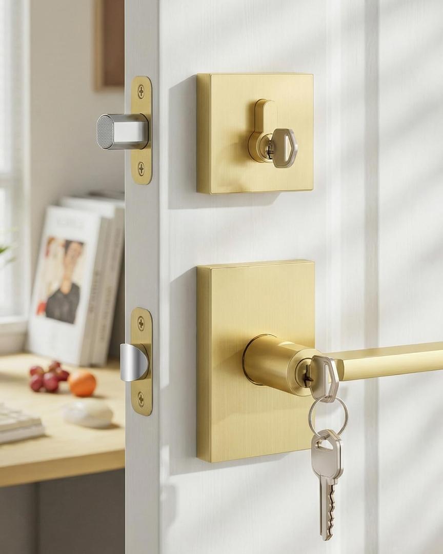 Goldenwarm Gold Exterior Door Lock Set, Zinc-Alloy Brushed Gold Front Door Handle with Lock and Deadbolt, Heavy Duty Square Exterior Door Handle with Deadbolt - 1 Pack