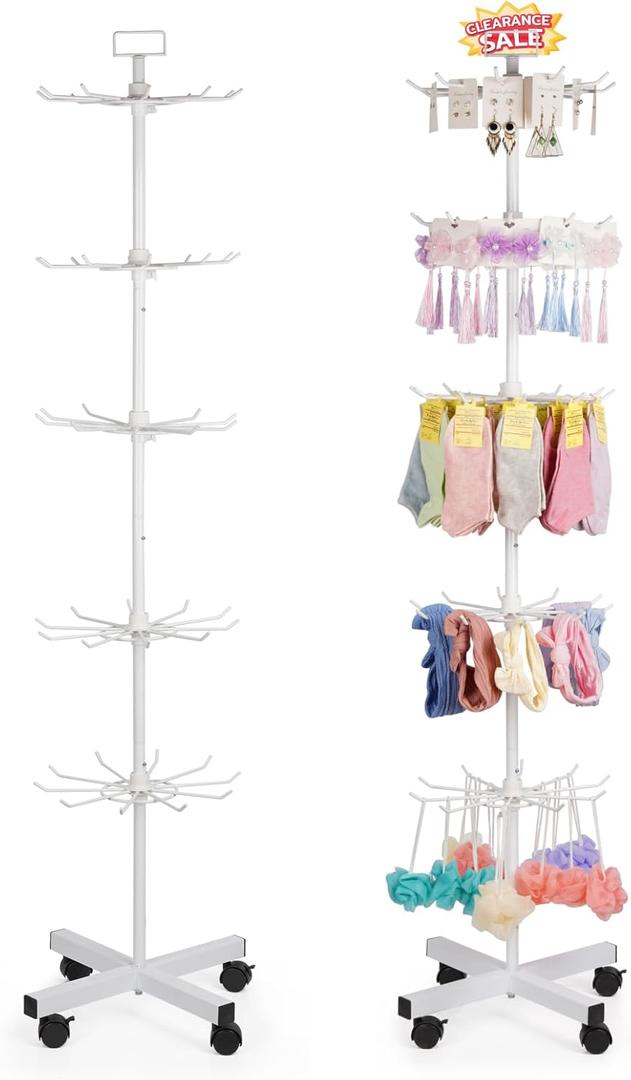 5-Tier Metal Spinning Display Stand Rack with Wheels, Keychain Jewelry Stocking Hat Display Stand, White