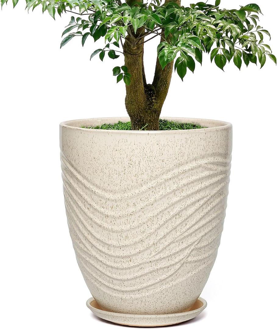 11.8 Inch Modern Ceramic Plant Pot with Saucer, Flower Pot with Drainage Hole Mesh Net,Indoor Outdoor Planter (Silk White)