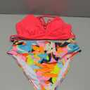 popvil High Waisted Bikini Sets: Hot Pink Women's Tummy Control Swimsuits Sexy V Neck Two Piece Bathing Suit with Ruched Flower Bottoms, XL