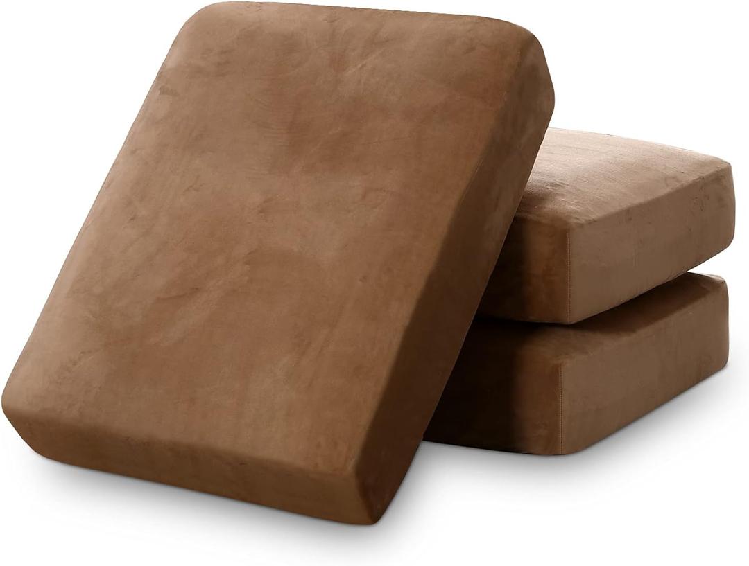 PrinceDeco Super Soft Couch Cushion Covers for Sectional Couch, Velvet Sofa Slipcover for Cushion Sofa pet Friendly with Elastic Bottom(Each Width Up to 29.5", Camel)