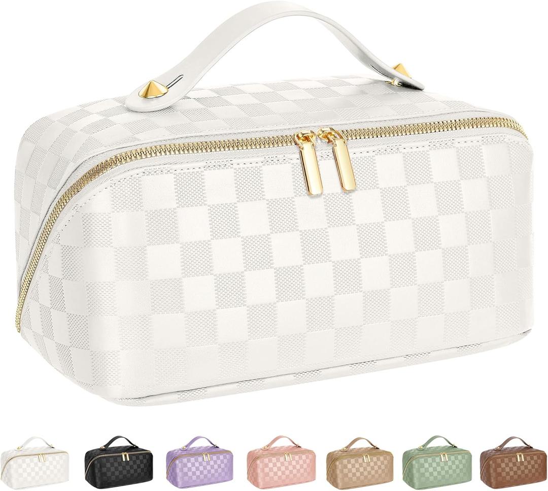 Large Capacity Travel Cosmetic Bag - Portable Makeup Bags for Women Waterproof PU Leather Checkered Makeup Organizer Bag with Dividers and Handle,Toiletry Bag for Cosmetics (Medium, white)
