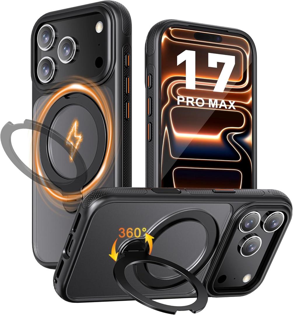 for iPhone 17 Pro Max Case with Magnetic Ring Stand [Military Drop Protection] Compatible with Magsafe, Shockproof Translucent Matte Slim Phone Cover for iPhone 17 Pro Max (Black)