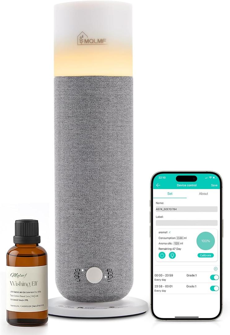 Hotel Collection Diffuser Machine,Fabric-Wrapped Design,Candlelight Atmosphere Lamp,Whisper-Quiet,1000 Sq Ft,Scent Waterless Essential Oil Diffuser,Scent Air Machine Home - Grey