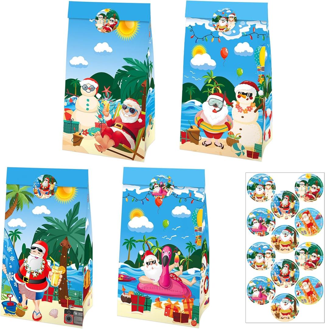 2 x IRCOR Christmas in July Goodie Bags Hawaiian Christmas Gift Bags with Sealing Stickers Mele Kalikimaka Treat Party Decorations Party Supplies