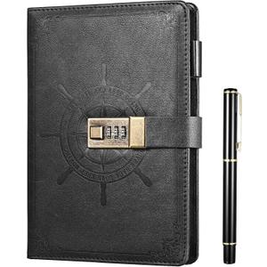 Kesote Black Journal with Lock, Refillable Faux Leather Lock Diary Notebooks Planner Organizer with Pen, A5 College Ruled 210 Lined Pages Locking Journal Notebook