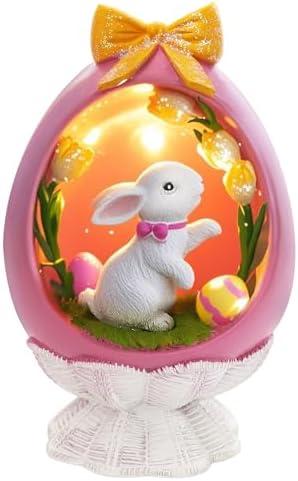 TaoQ C Pink Easter Bunny Figurine with LED, Resin Rabbit Figurines Easter Bunny Statue Spring Rabbit Desktop Decoration for Spring Home Room Party Decoration