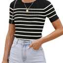 ZESICA Women's Striped Short Sleeve T Shirt 2026 Summer Crewneck Ribbed Knit Fitted Casual Basic Tee Tops Going Out Outfits (Black, XS)