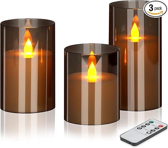 LED Candles with Remote Set of 3 Battery-Operated Acrylic Gray Pillars, 4", 5", 6" x 3" Diameter Flickering Effect with Timer Ideal for Home Décor Weddings Parties, Restaurants