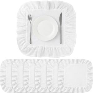 Patelai Set of 6 Beige Ruffle Placemat 16 Inch Beige Square Cotton Fabric Tablemat Farmhouse Rustic Decorative Scalloped Washable Place Mat for Wedding Holiday Party Kitchen Dining Table Decor